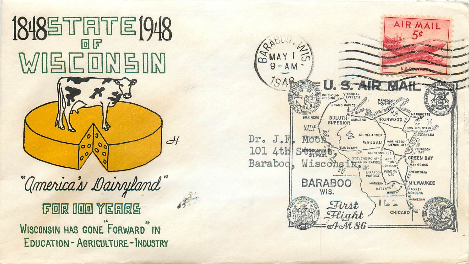 Lettre Cover Etats-Unis MAY 1948 Wisconsin Vache Cheese Fromage Barabo