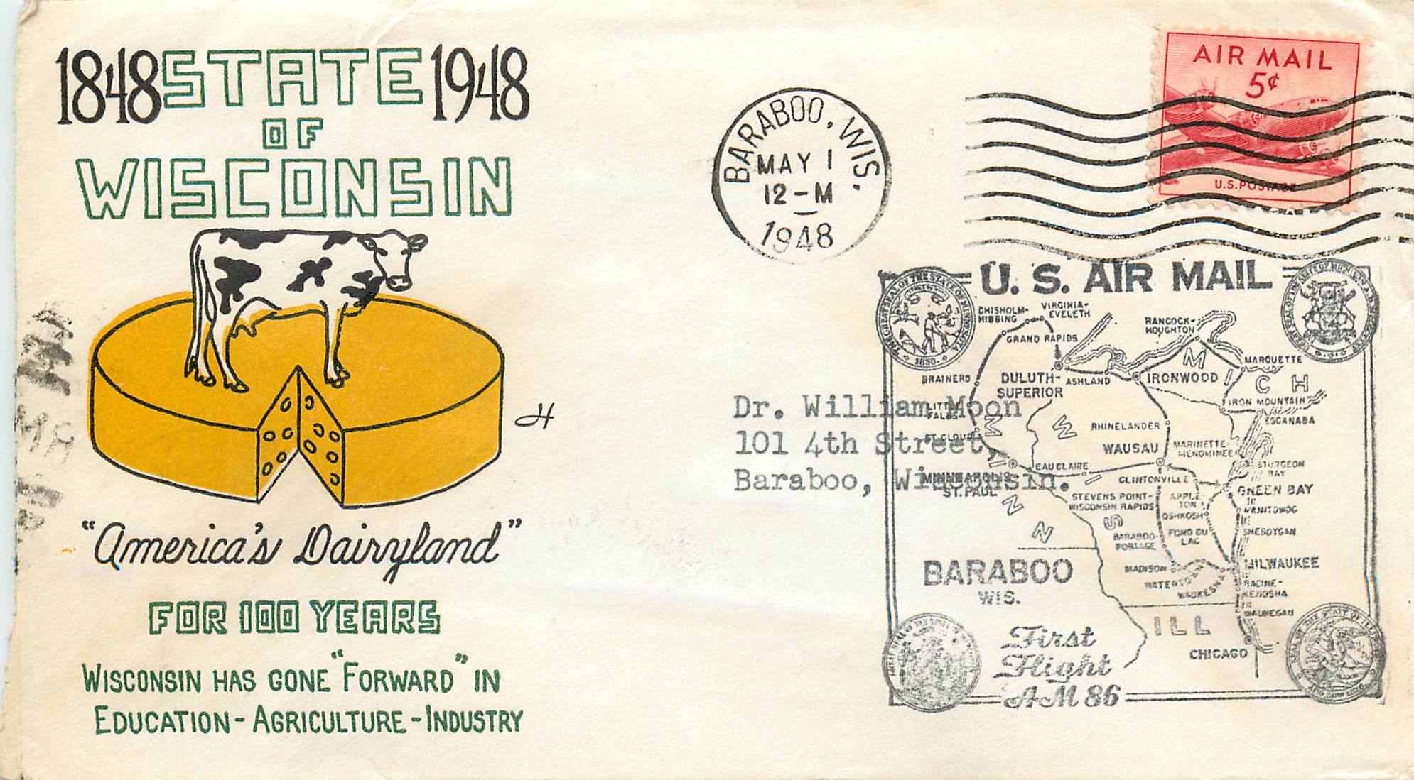 Lettre Cover Etats-Unis MAY 1948 Wisconsin Vache Cheese Fromage Barabo