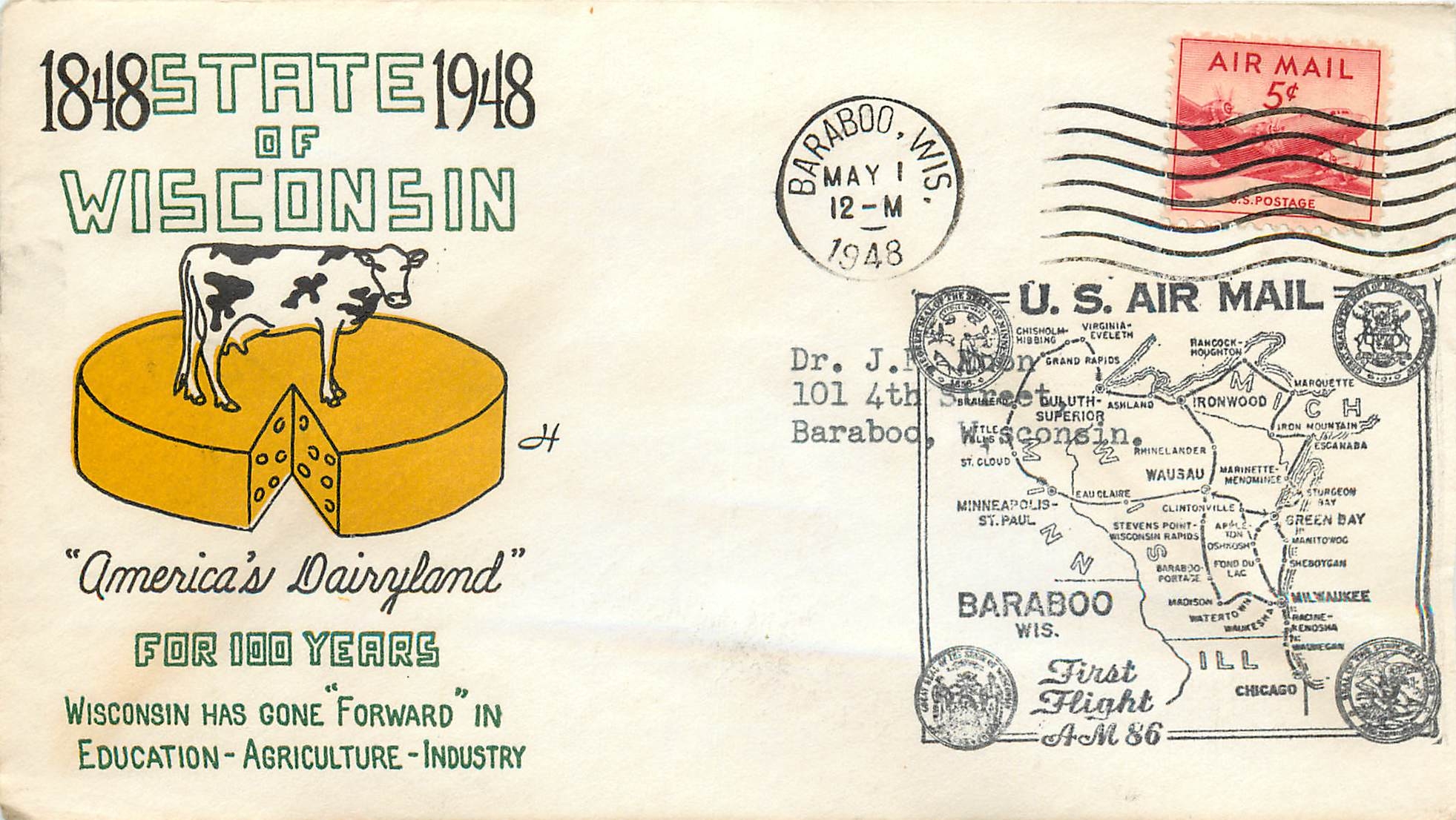 Lettre Cover Etats-Unis MAY 1948 Wisconsin Vache Cheese Fromage Barabo