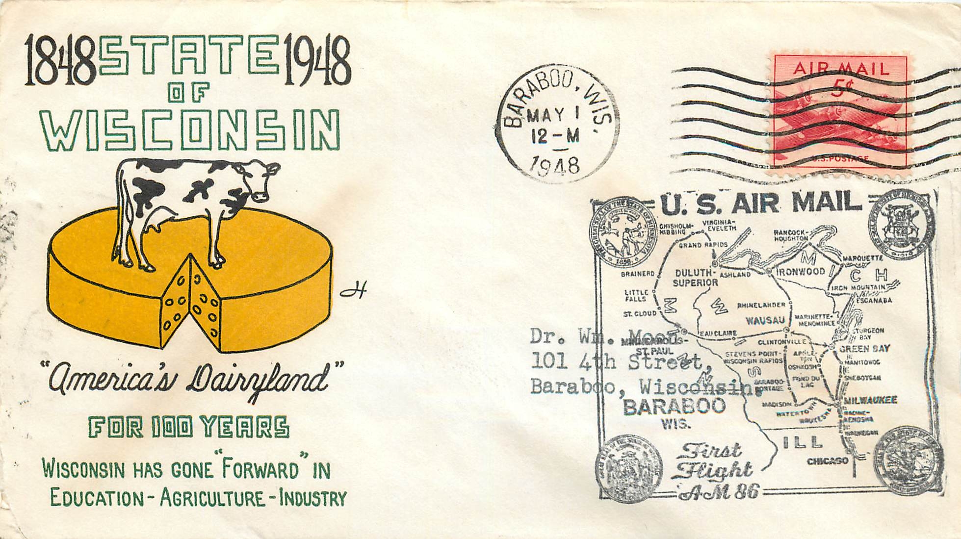 Lettre Cover Etats-Unis MAY 1948 Wisconsin Vache Cheese Fromage Barabo