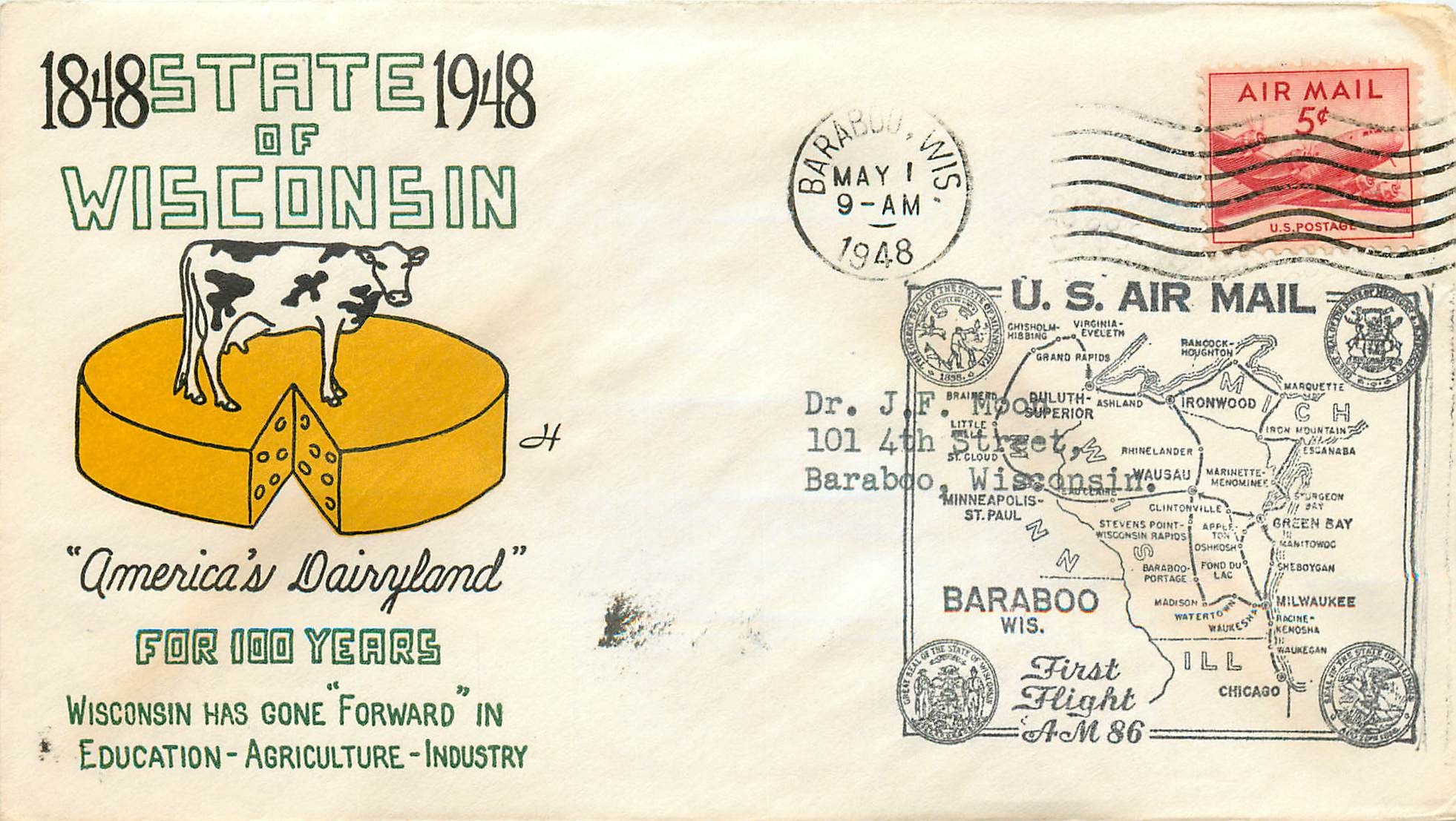 Lettre Cover Etats-Unis Wisconsin Vache Cheese Fromage 1948 Barabo