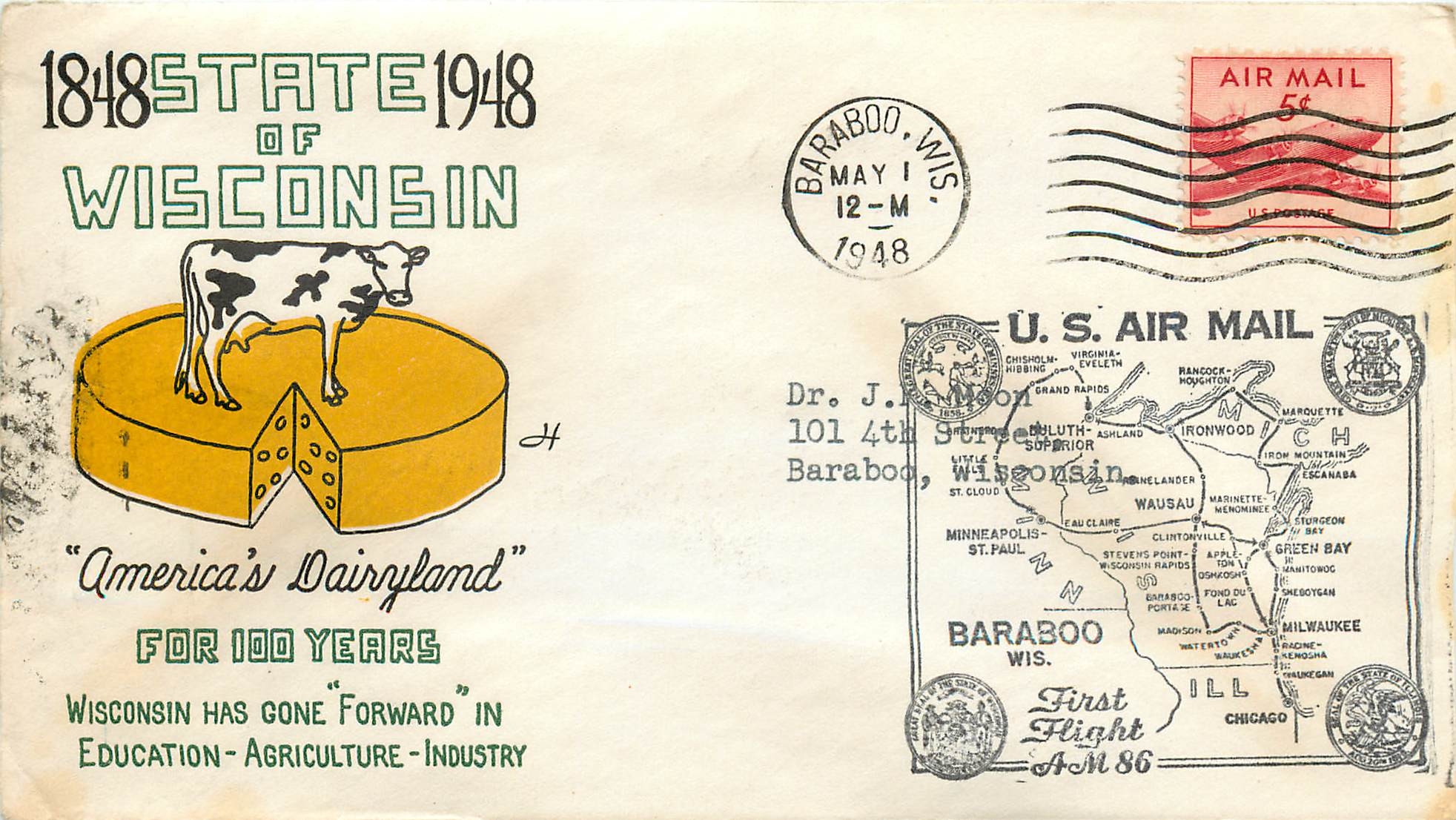 Lettre Cover Etats-Unis Wisconsin Vache Cheese Fromage 1948 Barabo