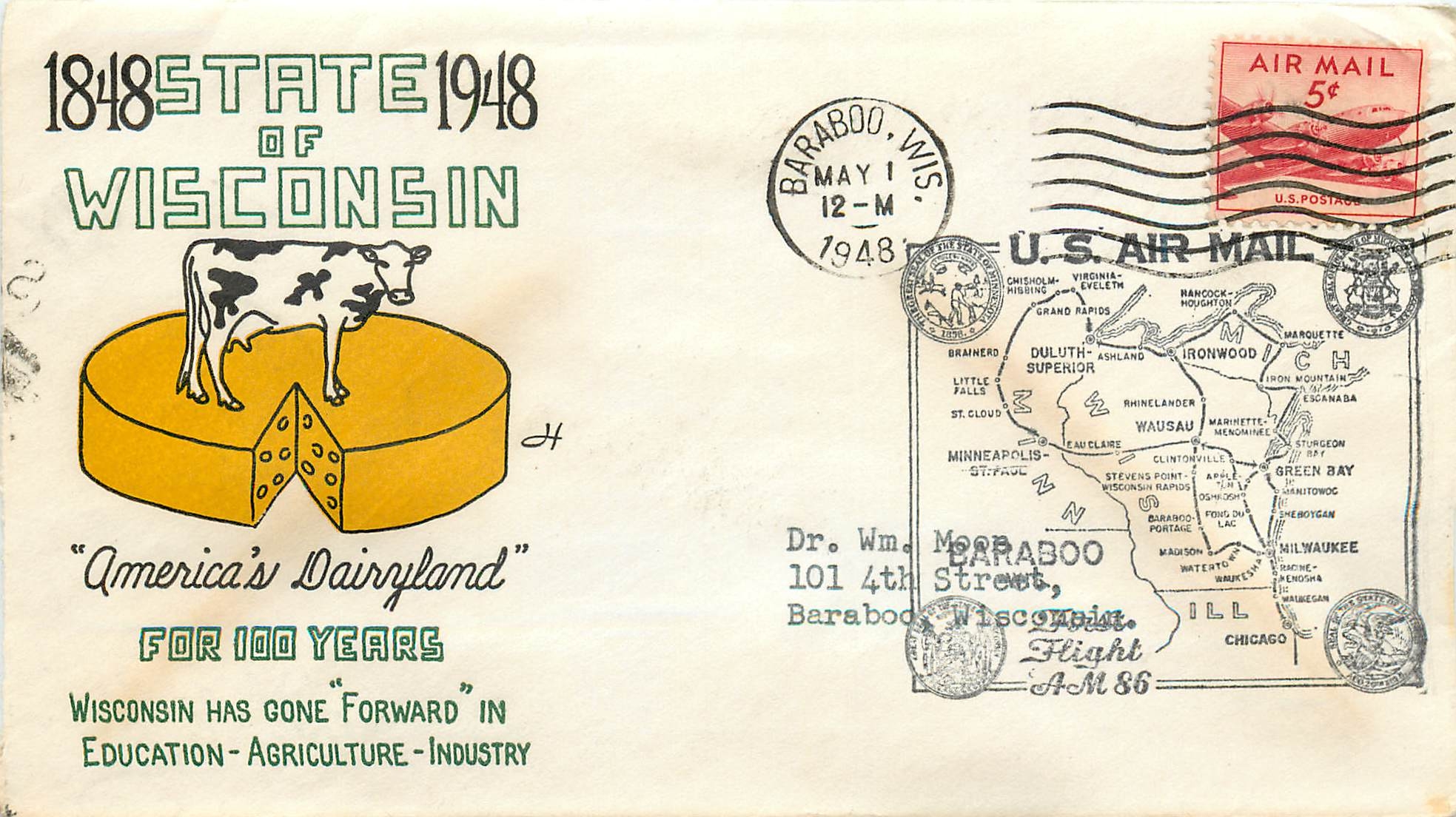Lettre Cover Etats-Unis Wisconsin Vache Cheese Fromage 1948 Barabo