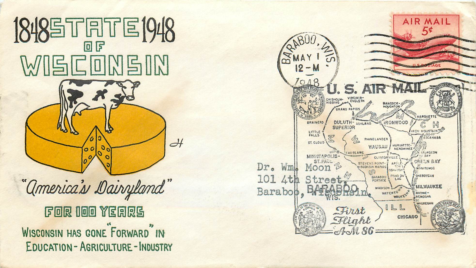 Lettre Cover Etats-Unis Wisconsin Vache Cheese Fromage 1948 Barabo