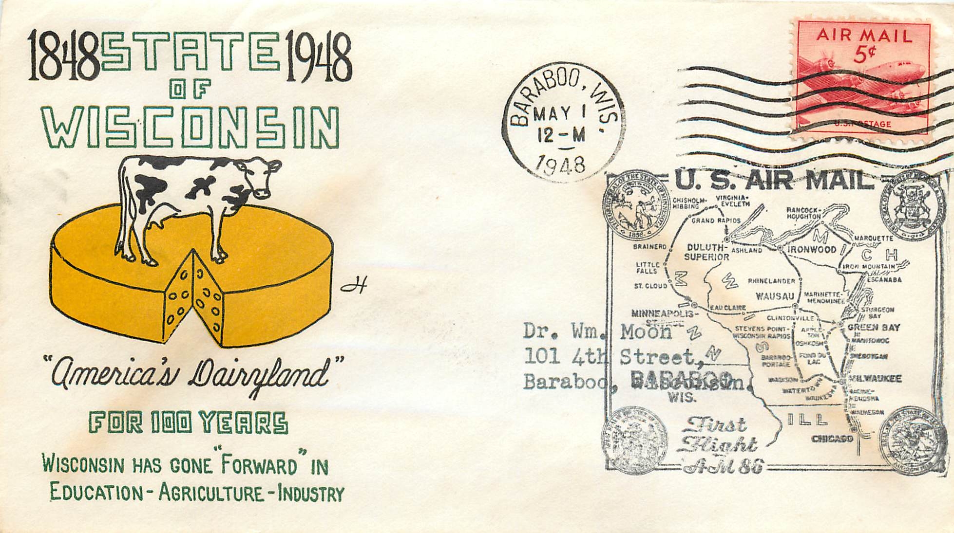 Lettre Cover Etats-Unis Wisconsin Vache Cheese Fromage 1948 Barabo