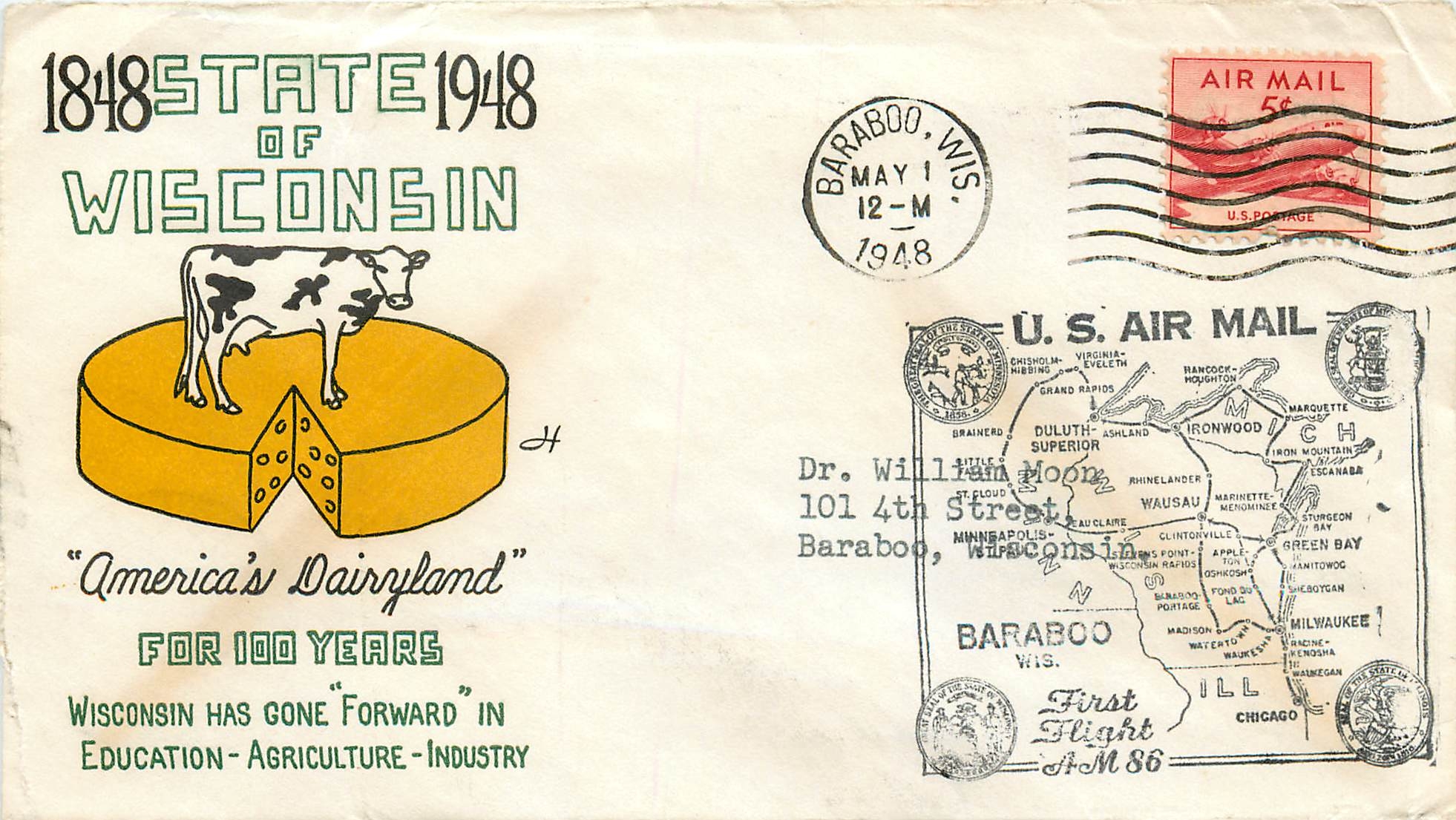 Lettre Cover Etats-Unis Wisconsin Vache Cheese Fromage 1948 Barabo