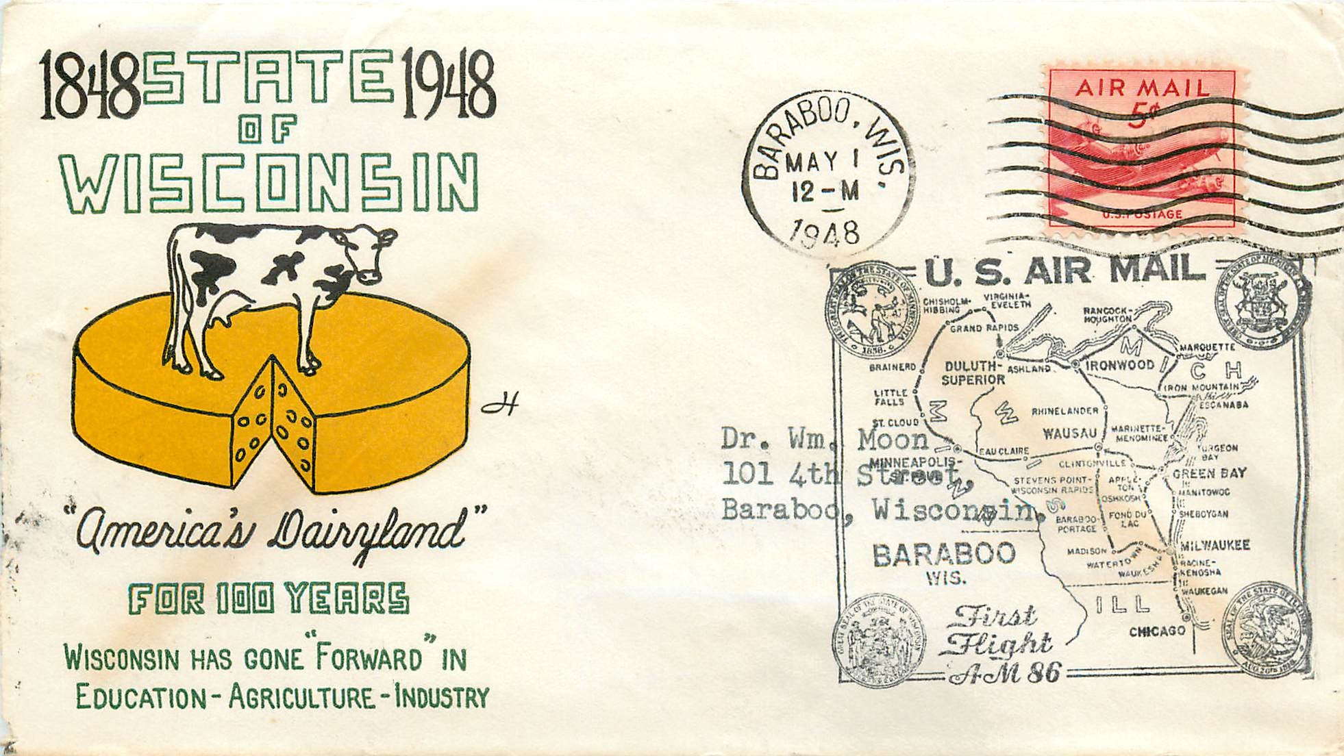Lettre Cover Etats-Unis Wisconsin Vache Cheese Fromage 1948 Barabo