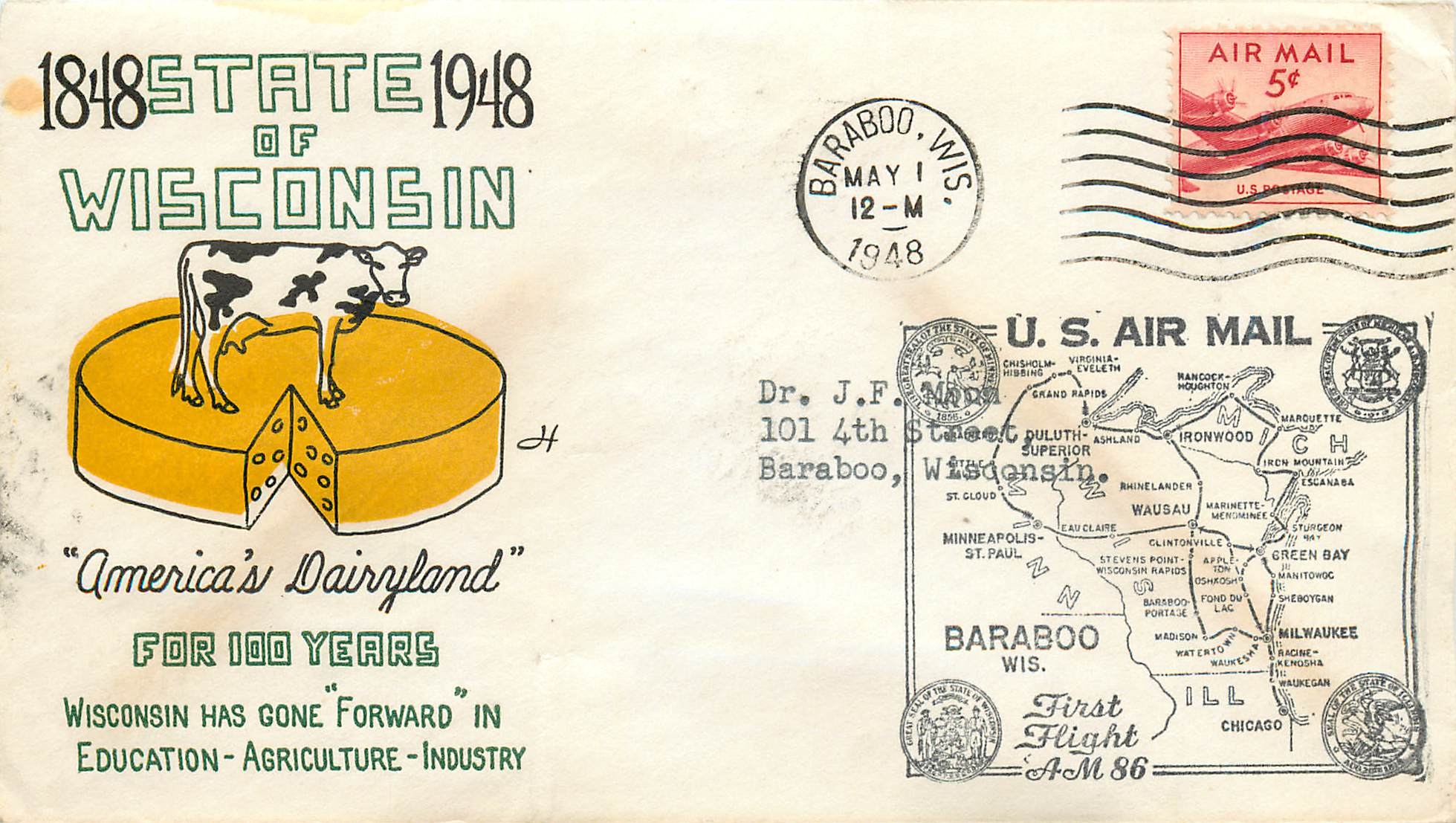 Lettre Cover Etats-Unis Wisconsin Vache Cheese Fromage 1948 Barabo