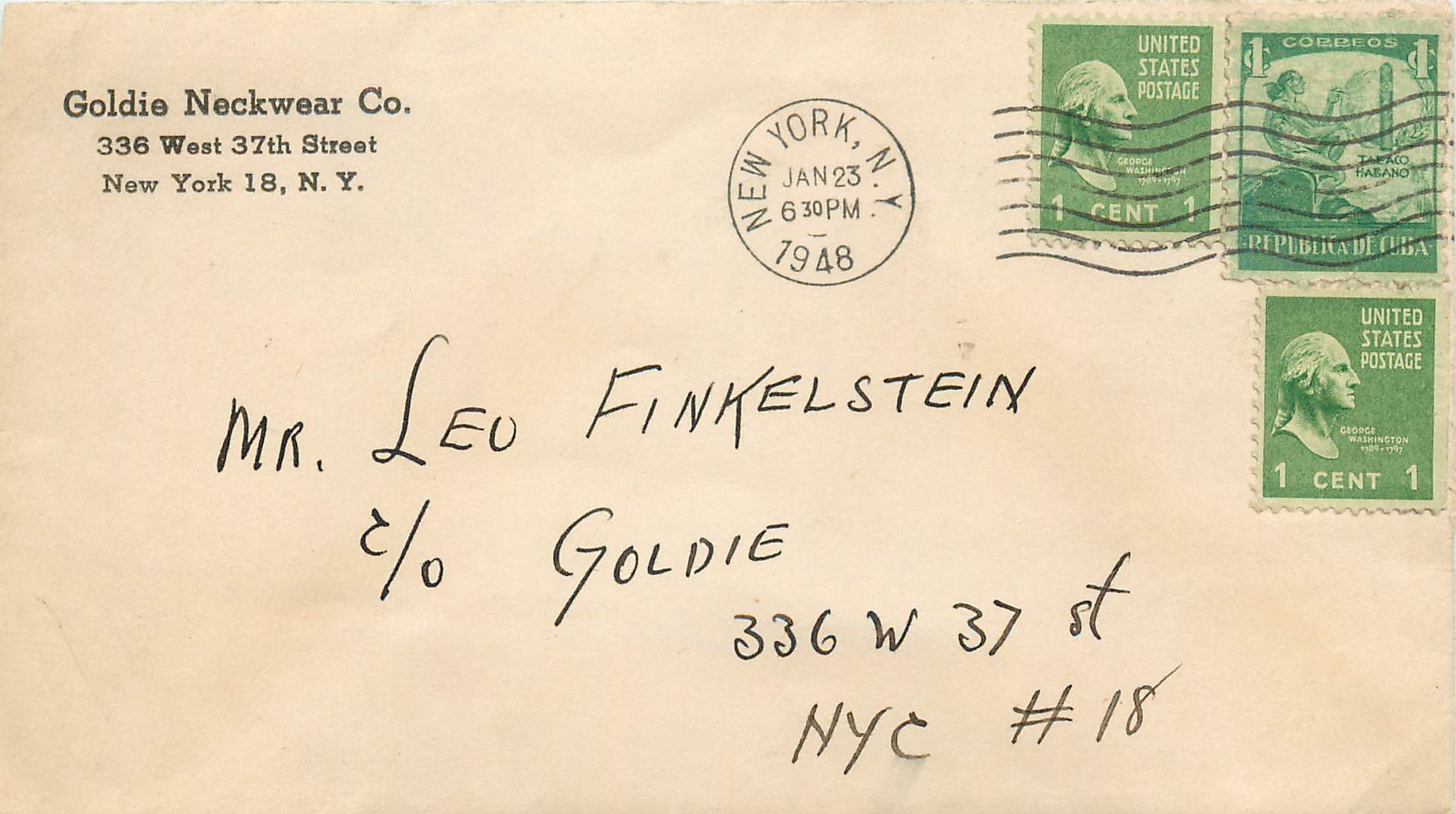 Lettre Cover Etats-Unis Cuba US franking to New York 1948 Rare