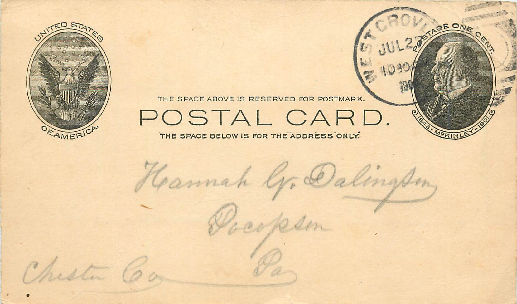 Lettre Cover Etats-Unis Mc Kinley West Cro 1904