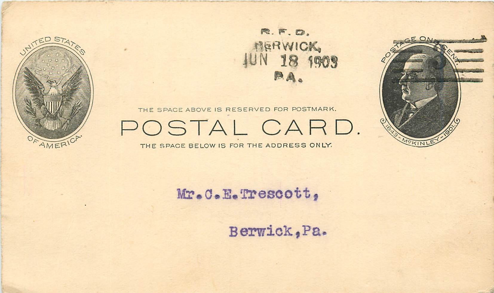 Lettre Cover Etats-Unis Mc Kinley 1903 for Berwick 1903