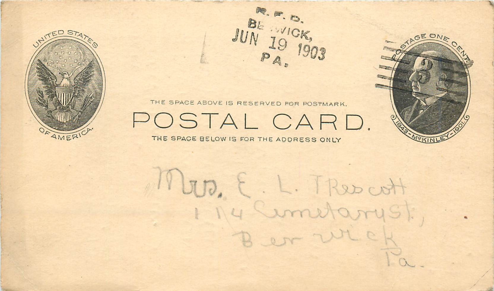 Lettre Cover Etats-Unis Mc Kinley 1903 for Berwick 1903