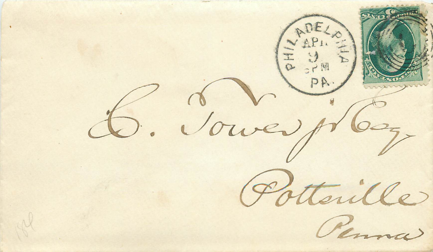 Philadelphia — lettre à Potteville — timbre 2 cents vert
