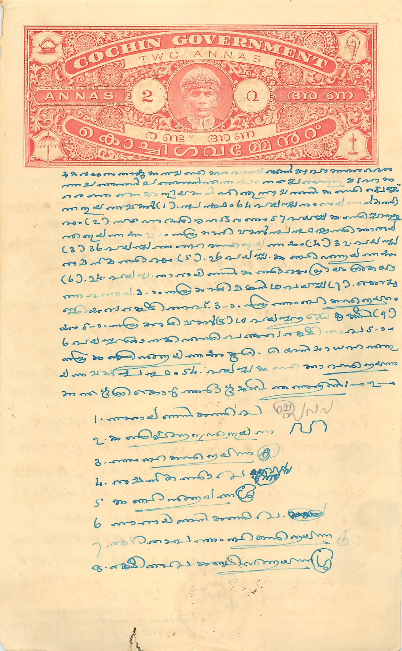 Tarjeta postal de Cochin — sello de 2 annas — texto manuscrito en malayalam