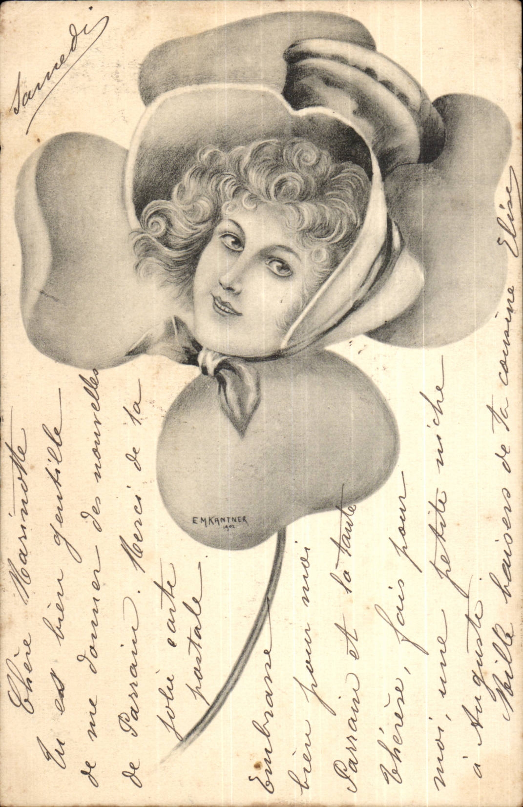Femme dans une fleur — dessin de E. M. Kantner — H. S. W. Serie 1