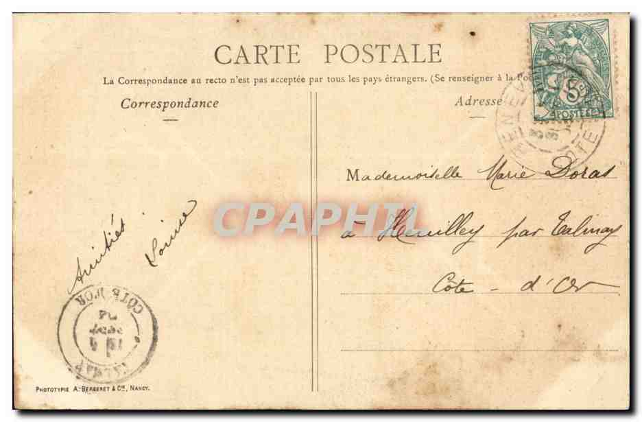 Donna con corona di fiori — Souvenir — Phototype A. Berkeret & Cie, Nancy, n°3 — Verso