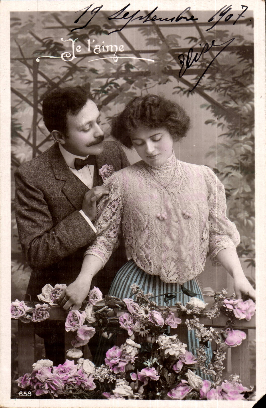 Couple amoureux — roses et déclaration — éditeur inconnu, n° 658