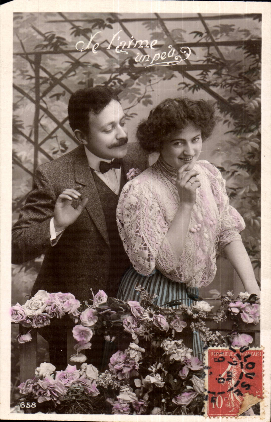 Couple amoureux — texte 'Je t'aime un peu' — éditeur inconnu, n° 658