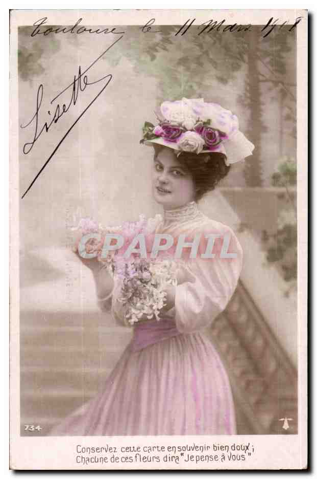 Femme en robe rose tenant un bouquet — Lisezette, Boulourgue, 11 Mars 1908 — n° 734