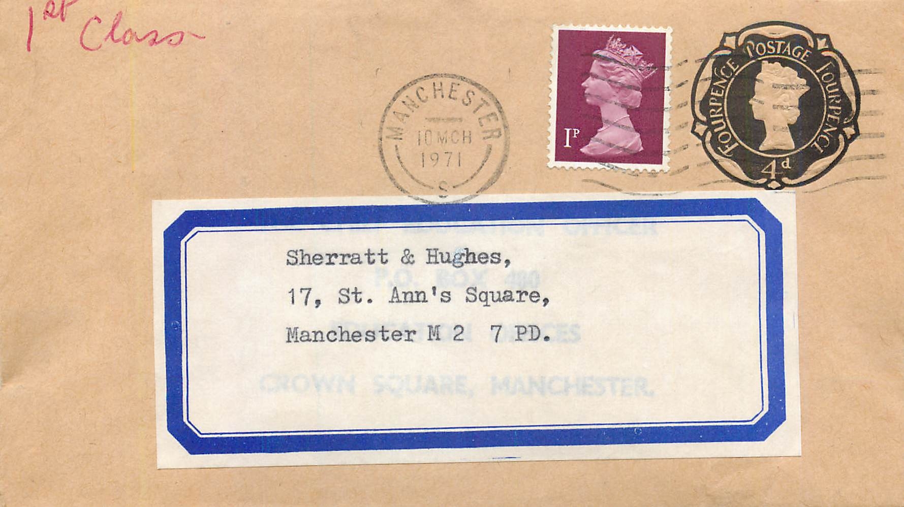 Entier Postal Stationary  4d +1d for Manchester 1971