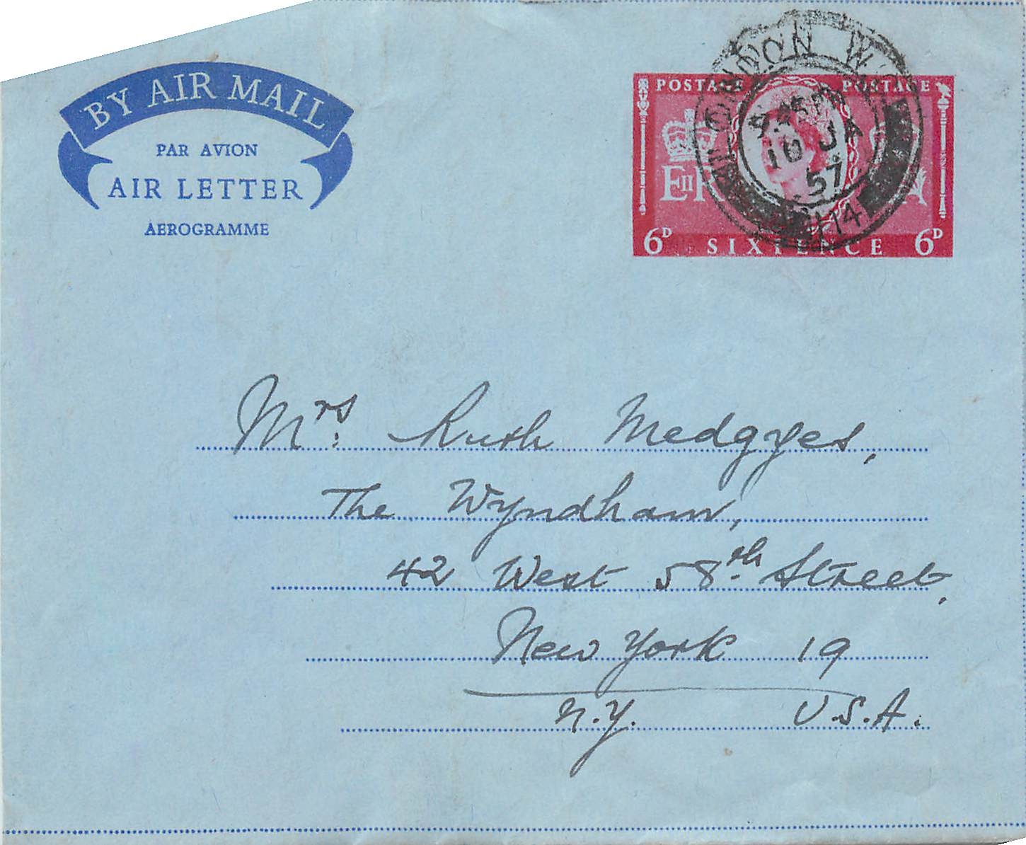 Entier Postal Stationary Arerogram 6d 1957 for New York