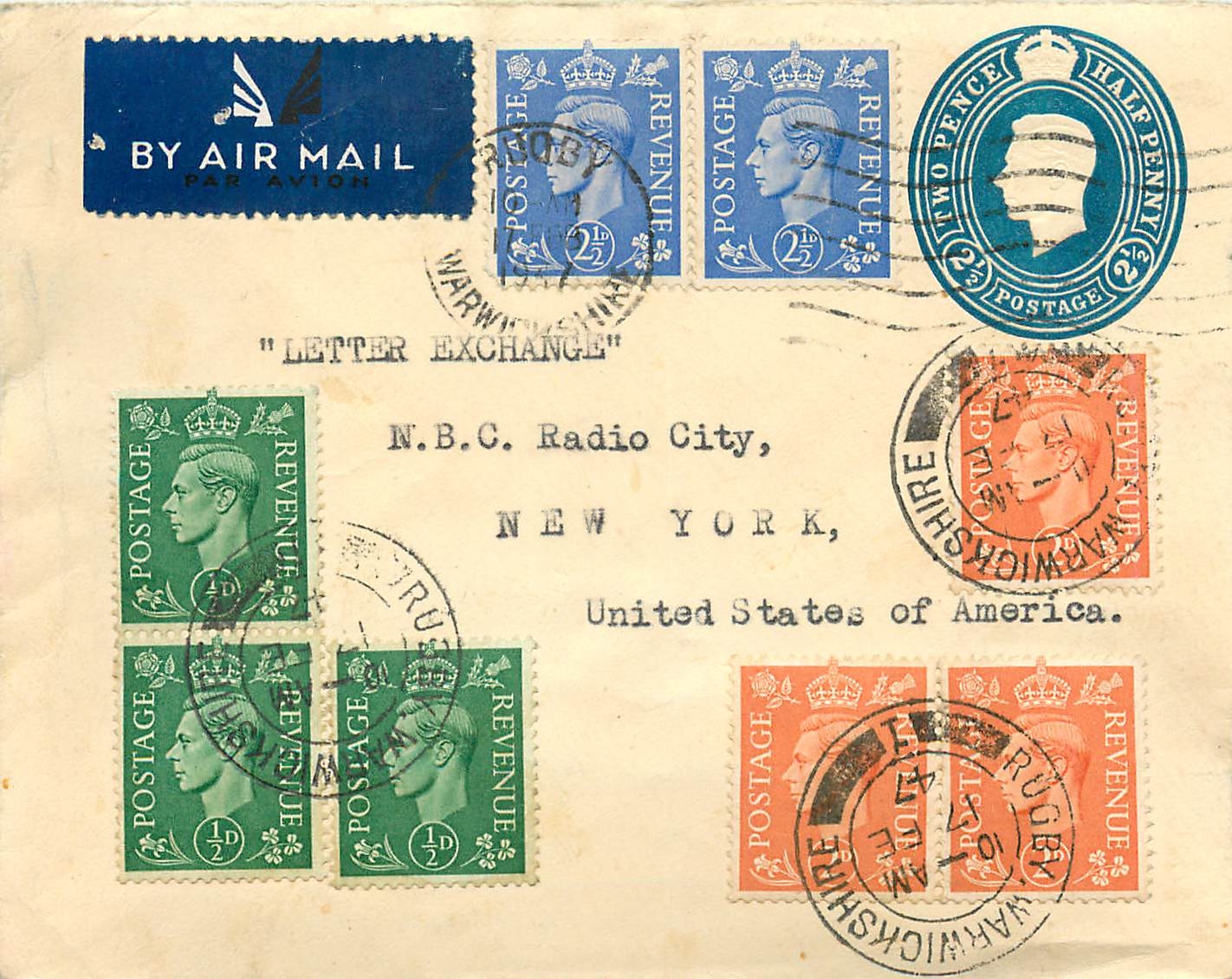 Entier Postal Stationary 2 1/2d + various values Rugby 1947