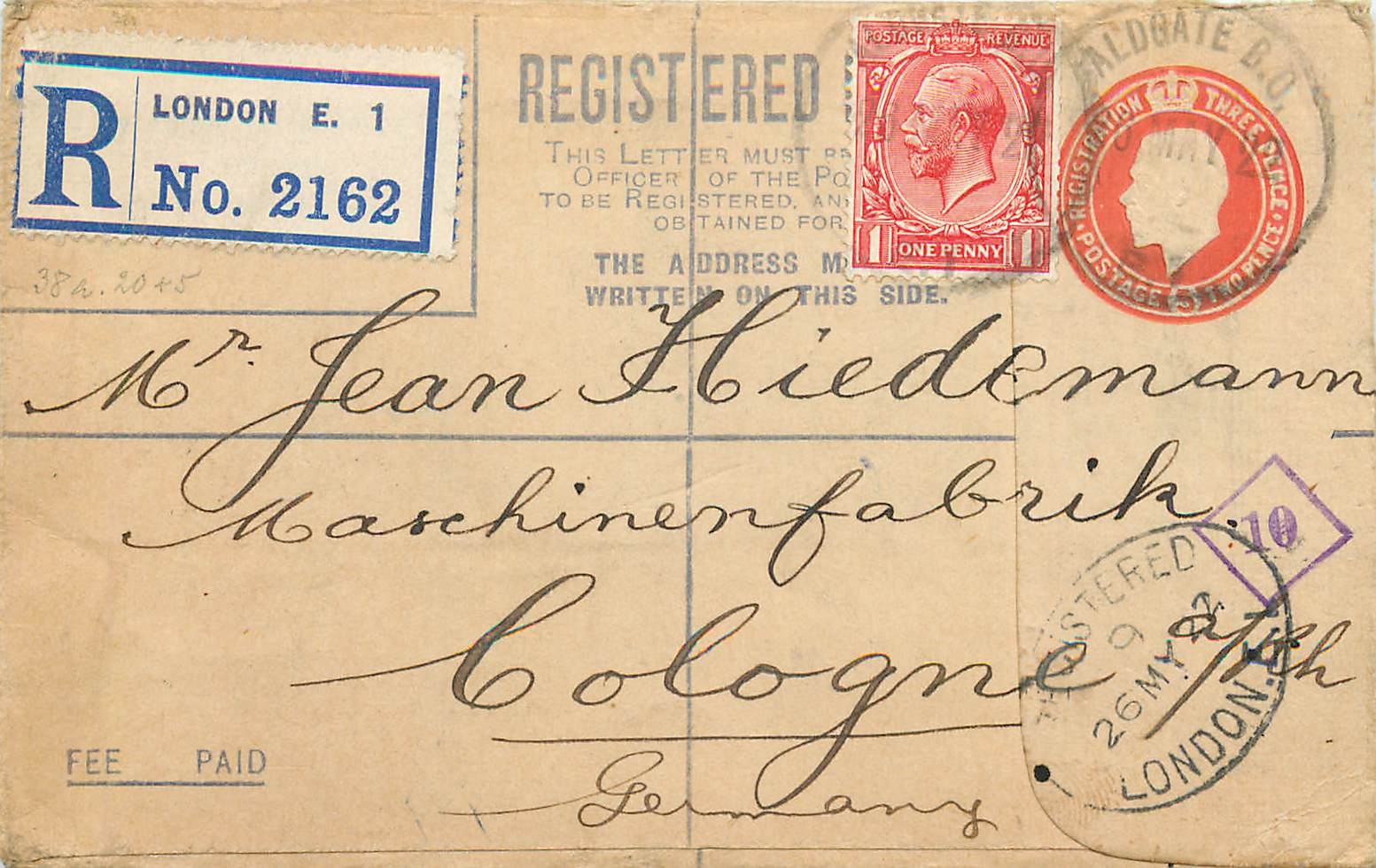 Entier Postal Stationary 2p + 1d London for Cologne Koeln 1922