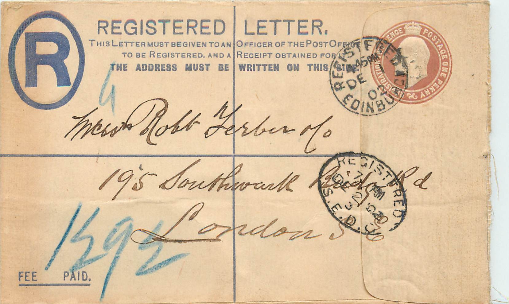 Entier Postal Stationary 1p Edinburgh for London 1902