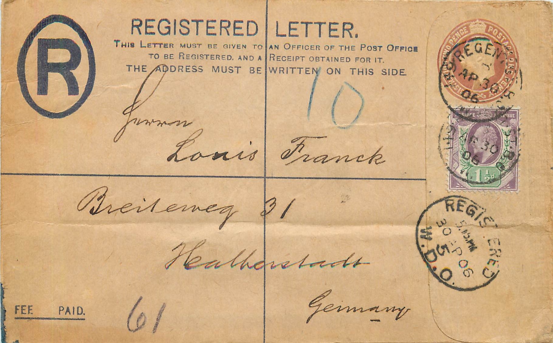 Entier Postal Stationary 1p + 1 1/2d London for Germany 1906