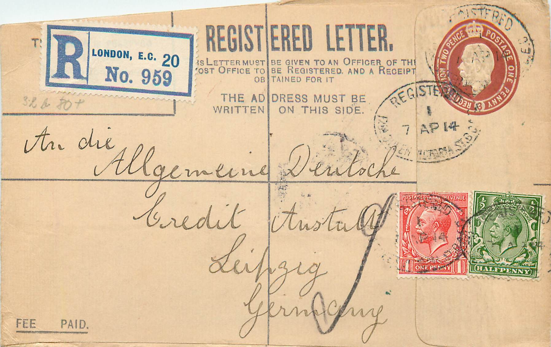 Londres — Lettre recommandée — Bureau de poste London, E.C. 20, n° 959
