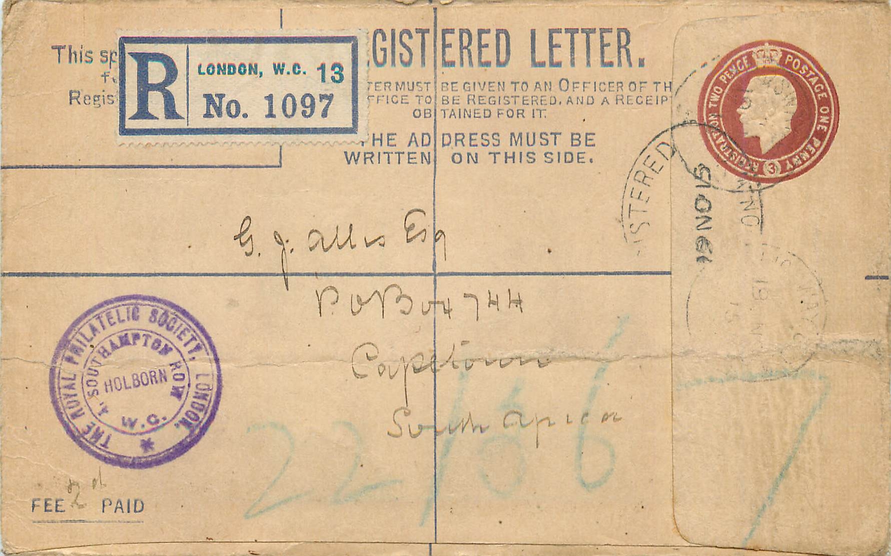 Entier Postal Stationary 1p London for Cape Town 1915