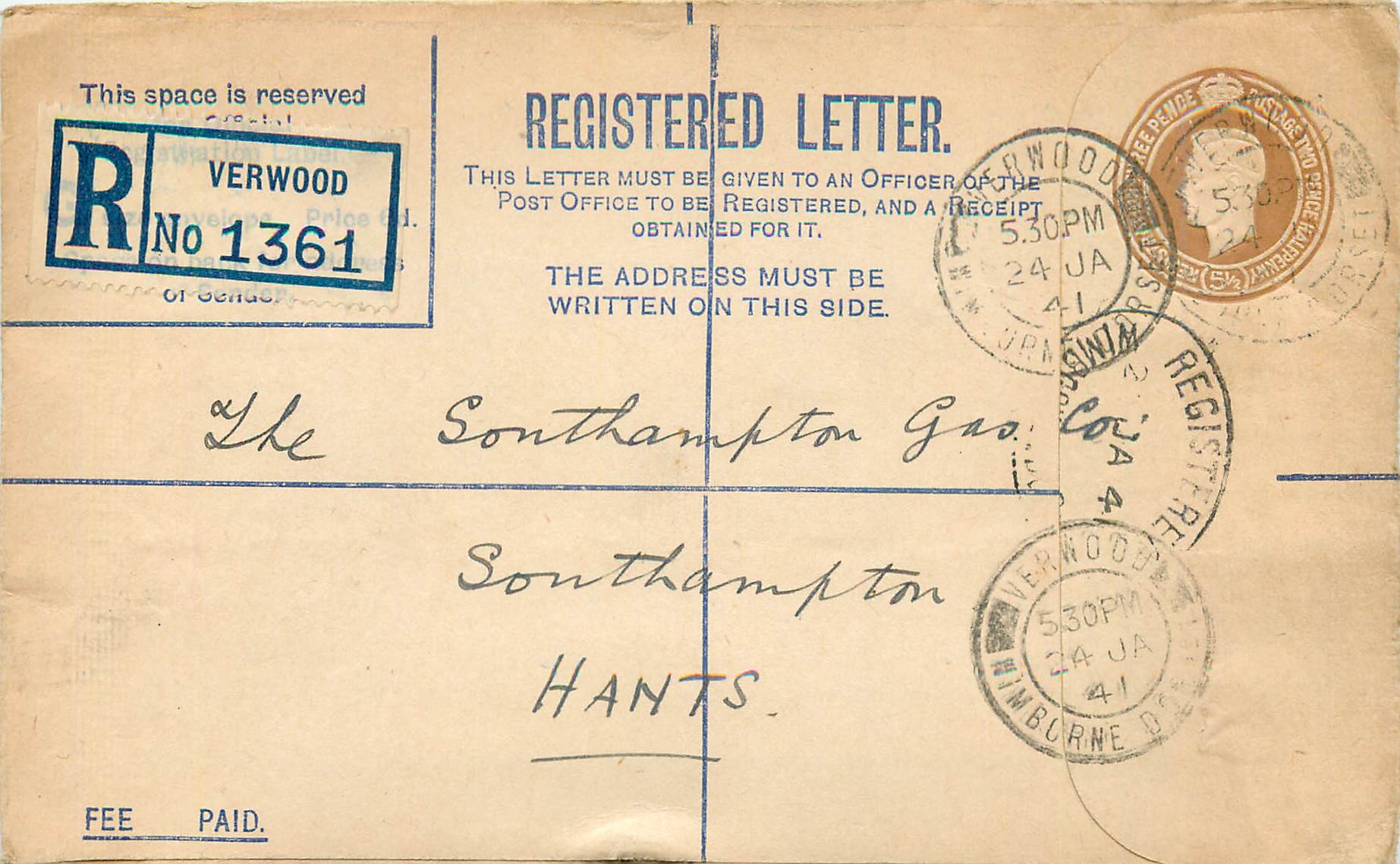 Entier Postal Stationary 5 1/2dd Verwood for Hants 1941