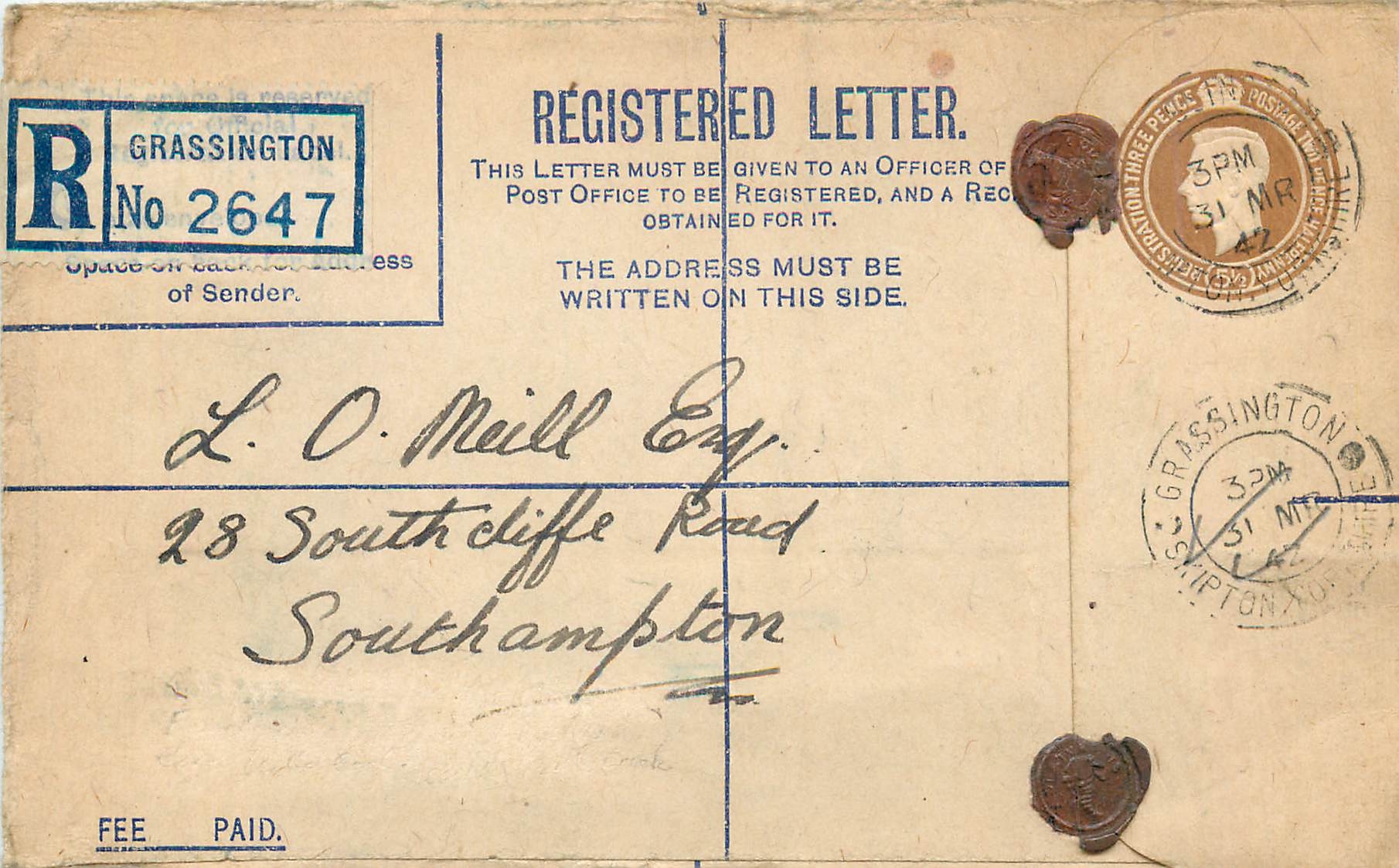 Entier Postal Stationary 5 1/2d Grassington for Southampton 1942