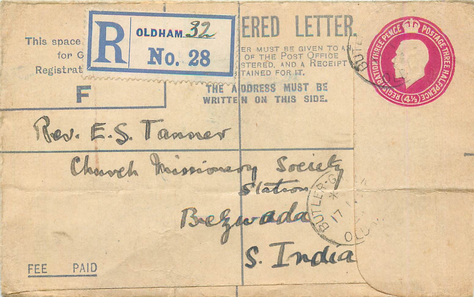 Entier Postal Stationary 4 1/2d Oldham for India 1923