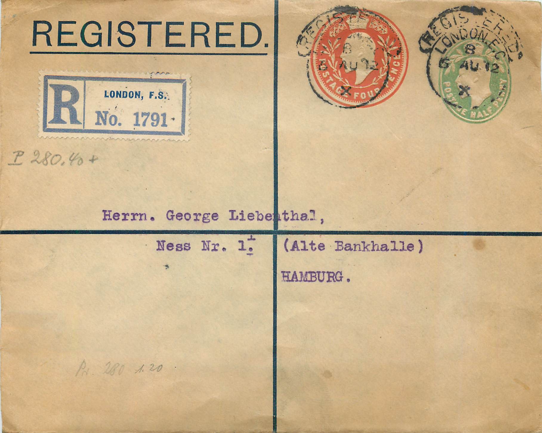 Londres — Envoi postal enregistré vers Hambourg — London, F.S. No. 1791