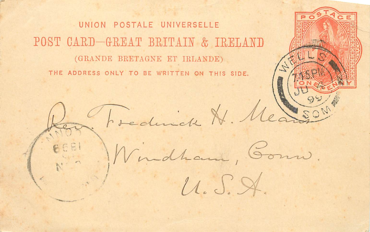 Entier Postal Stationary 1p Wells for USA 1899
