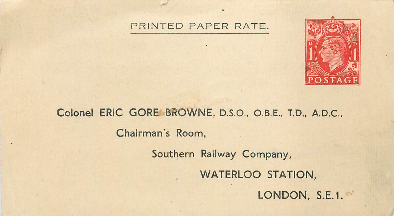 Entier Postal Stationary 1d Colonel Eric Gore Browne London