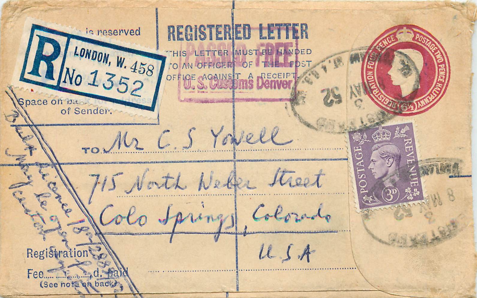 Entier Postal Stationary 6 1/2d +1d Censored for Colorado springs