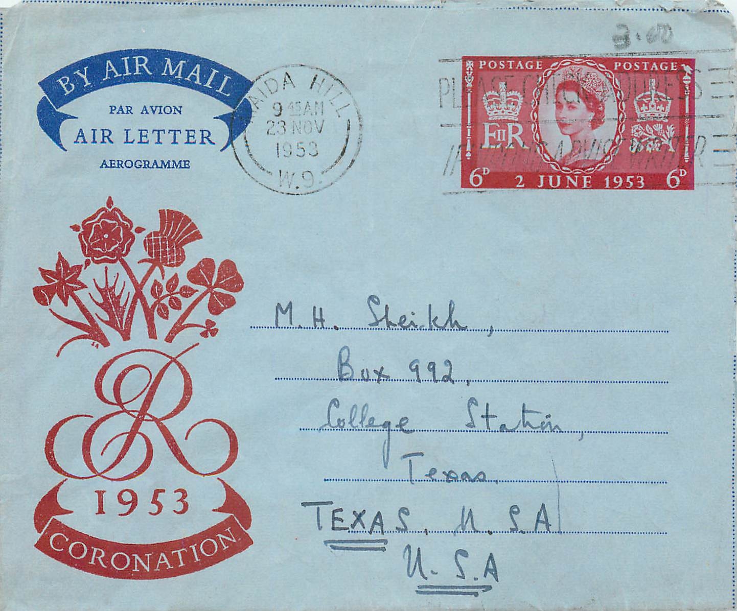 Entier Postal Stationary Aerogram 6d for Texas 1953