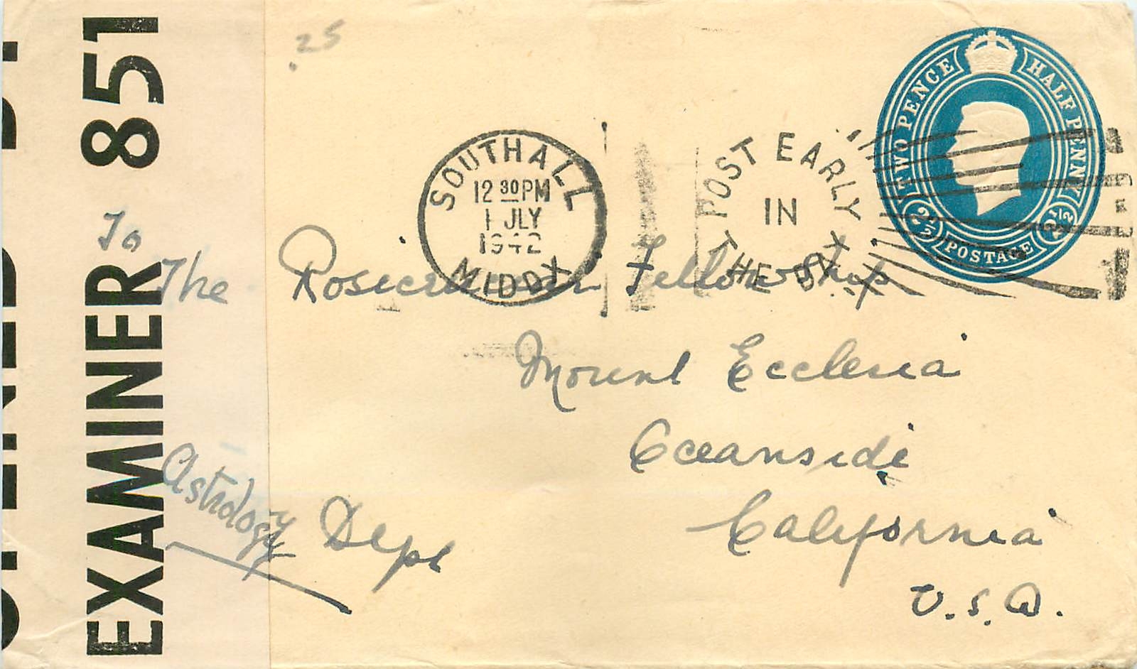 Entier Postal Stationary 2 1/2d Censored for USA 1942