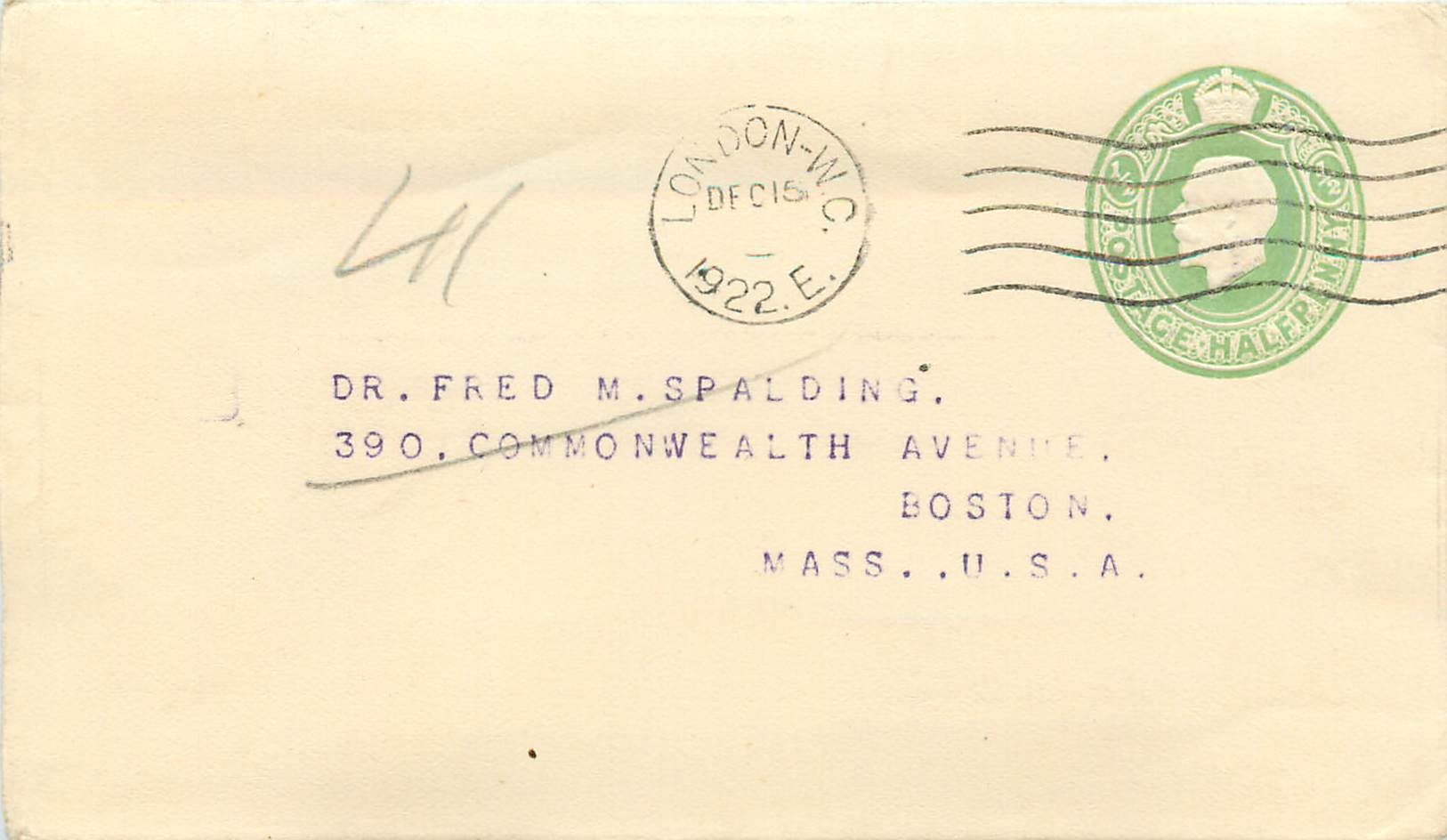Entier Postal Stationary 1/2p London 1920 for Mass