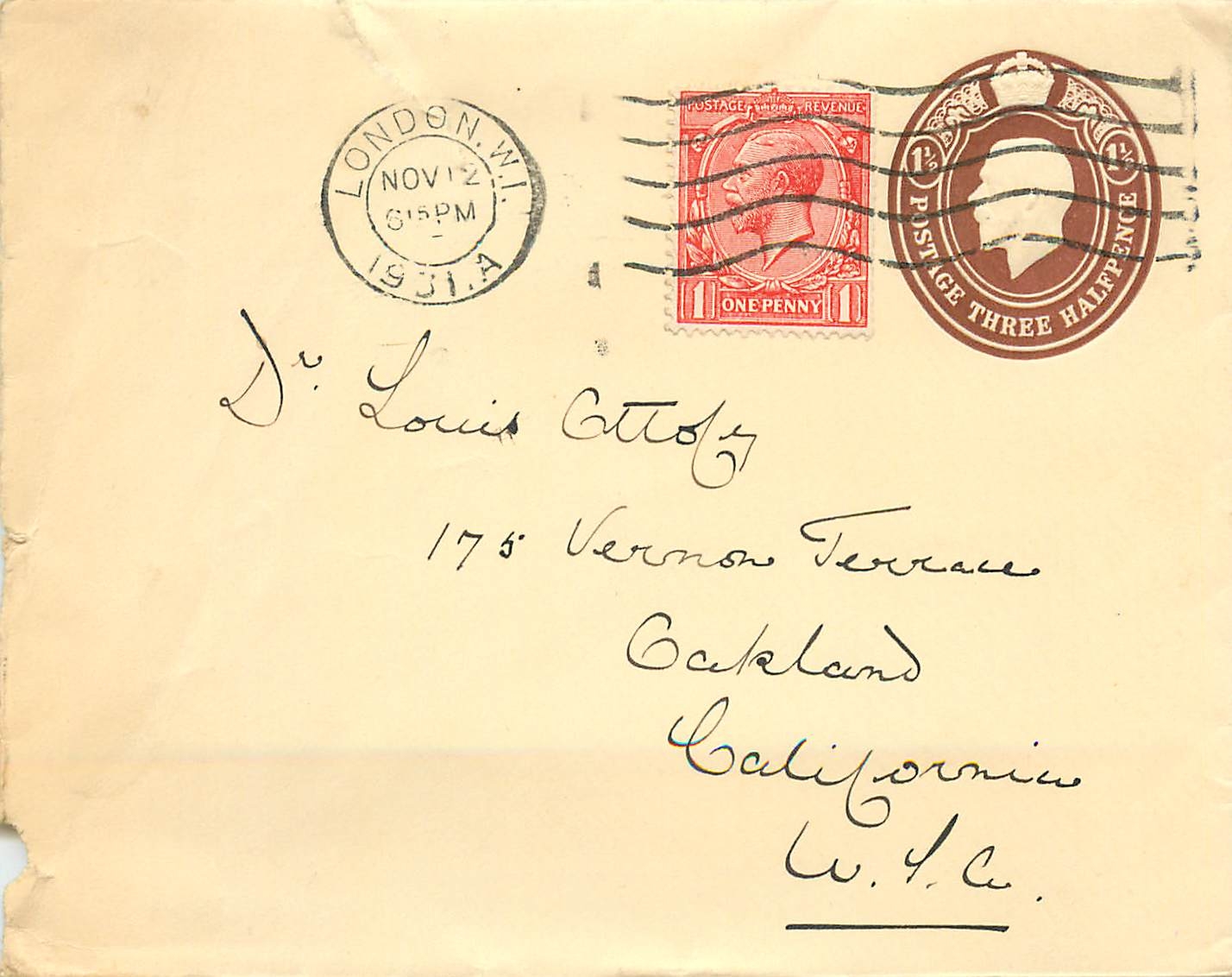 Entier Postal Stationary 2 1/2d +1d 1931 London for California