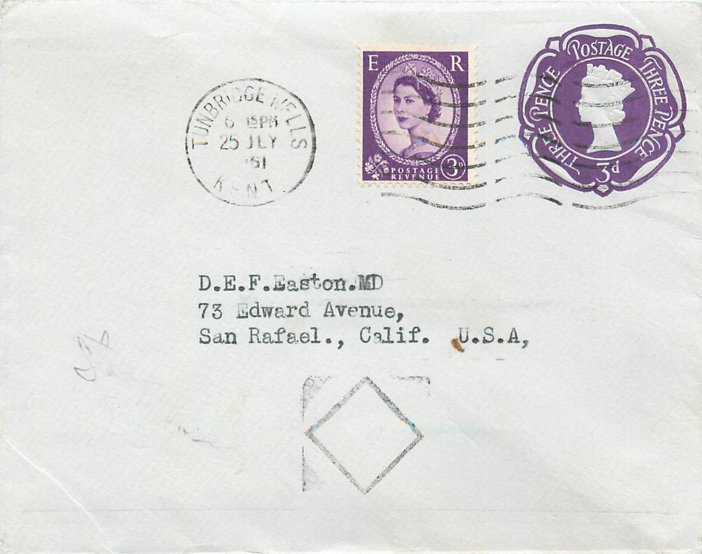 Entier Postal Postal Stationary Grande Bretagne Great Britain Tunbridge to San Rafael USA