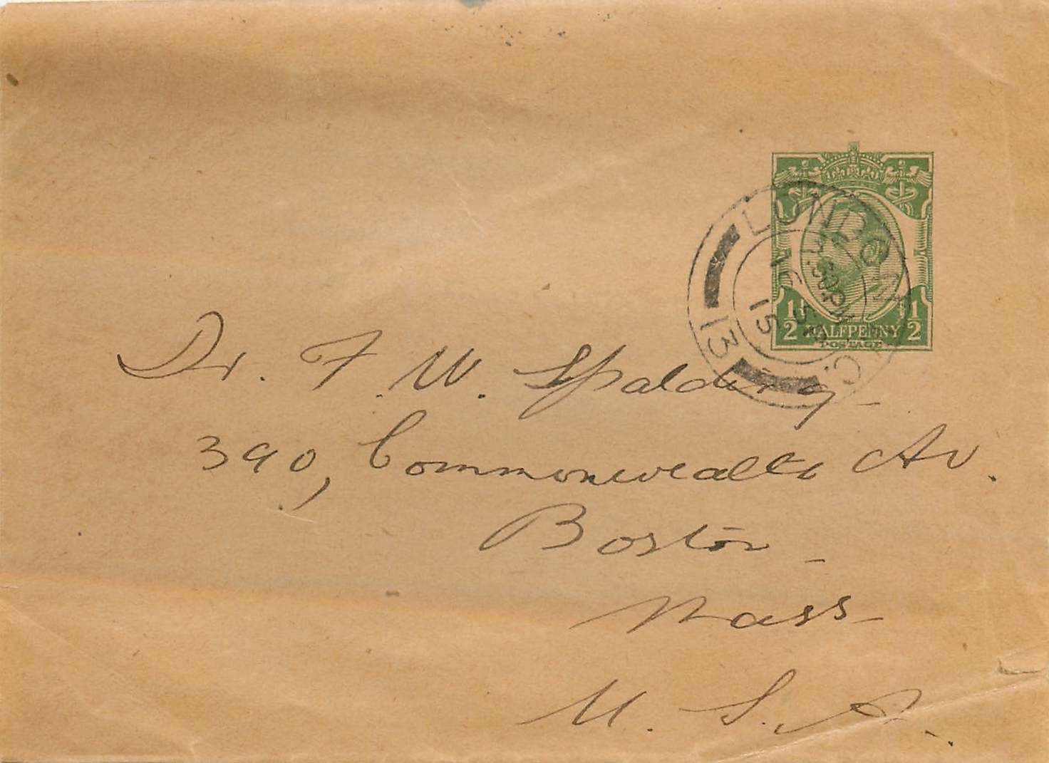 Entier Postal Postal Stationary Grande Bretagne Great Britain 1915 London to Boston