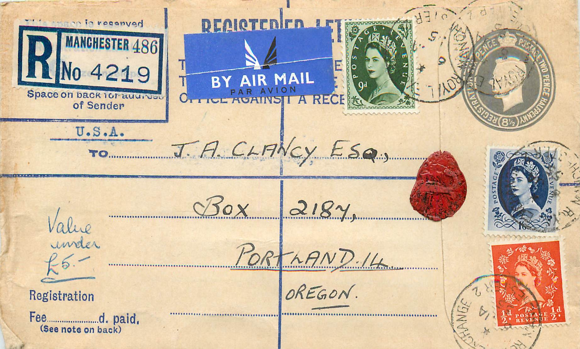 Lettre recommandée aérienne — Manchester (Angleterre) à Portland (Oregon) — Post Office Manchester 486