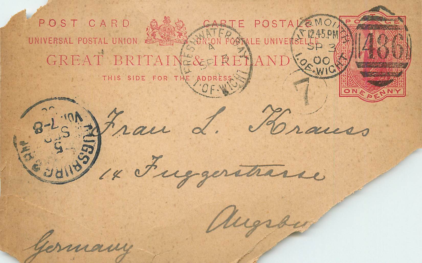 Entier Postal Postal Stationary Grande Bretagne Great Britain Yarmouth 1900 to Augsburg