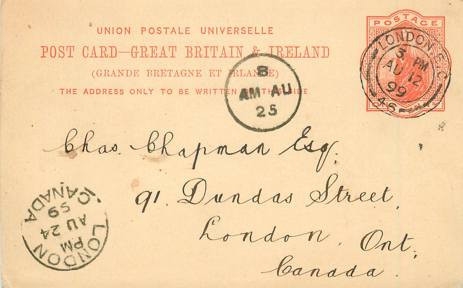 Entier Postal Postal Stationary Grande Bretagne Great Britain 1899 London to Canada