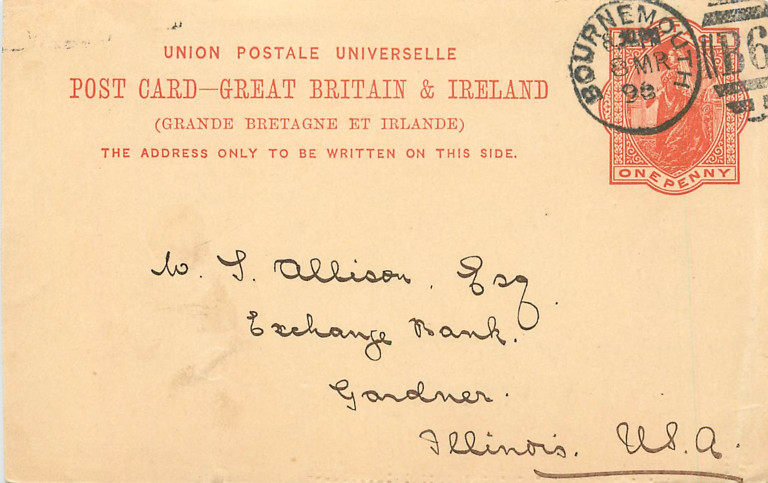 Entier Postal Postal Stationary Grande Bretagne Great Britain 1896 Bournemouth to Gardner Ill