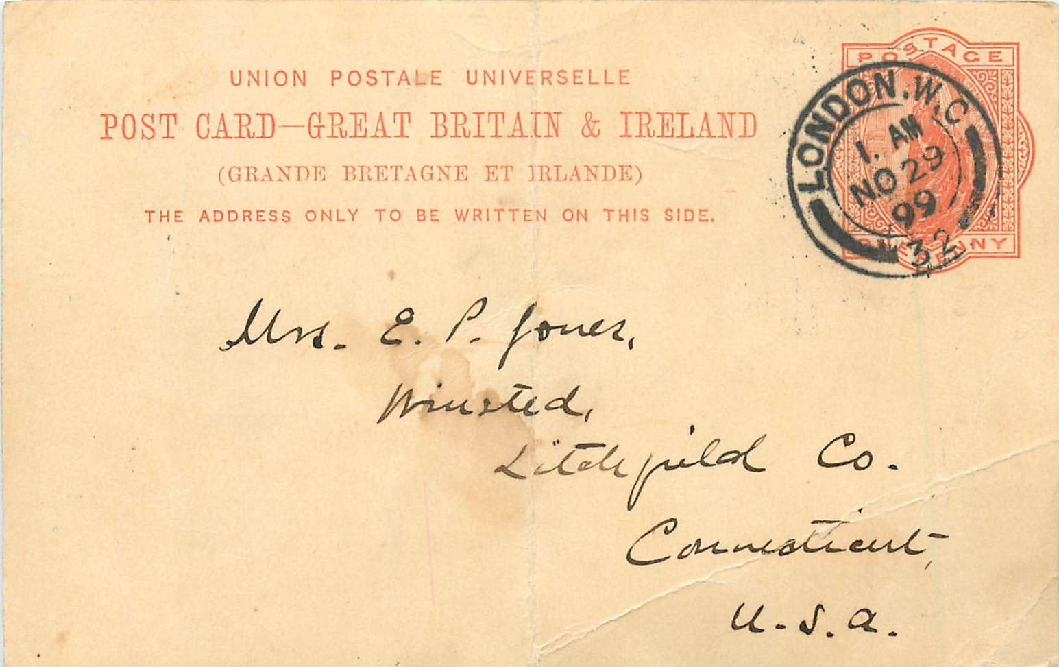 Entier Postal Postal Stationary Grande Bretagne Great Britain 1899 London to Connecticut