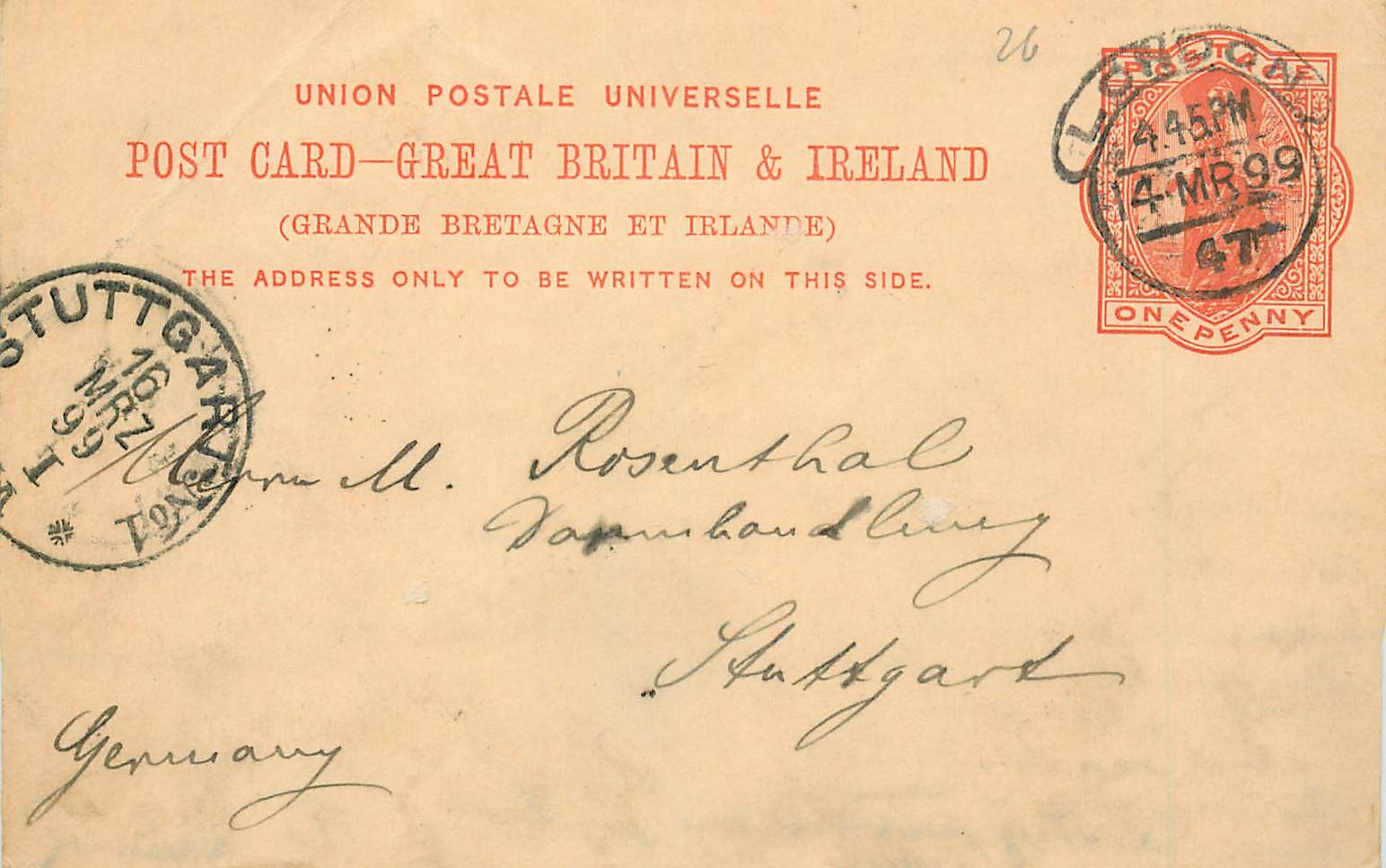 Entier Postal Postal Stationary Grande Bretagne Great Britain 1899 London to Stuttgart
